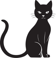 Black Silhouette of a Sitting Cat with Curved Tail - Vector Illustration