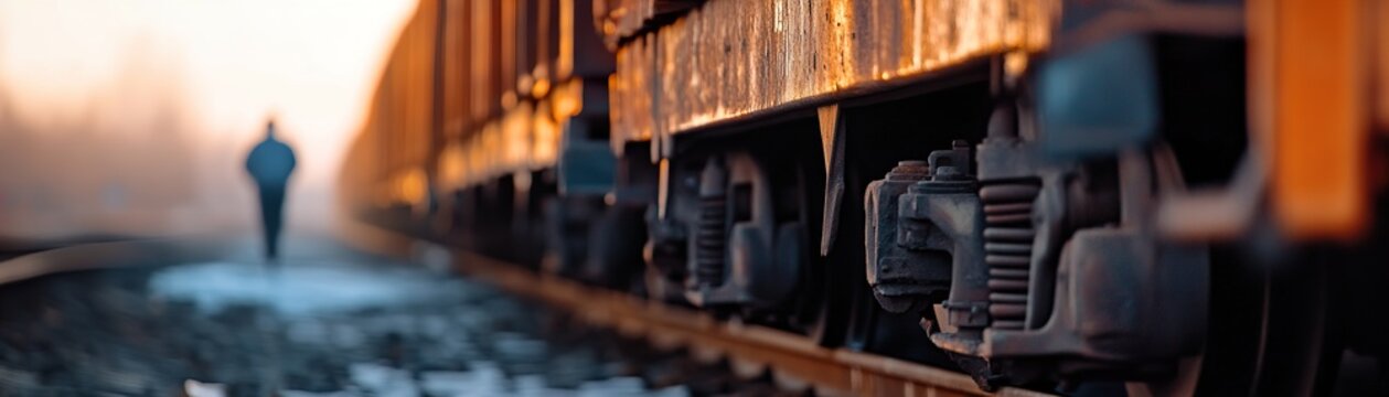 In a serene railway yard at sunrise, rusted freight cars line the tracks as a single worker approaches an old train engine. The golden light creates a nostalgic, soft-focus atmosphere