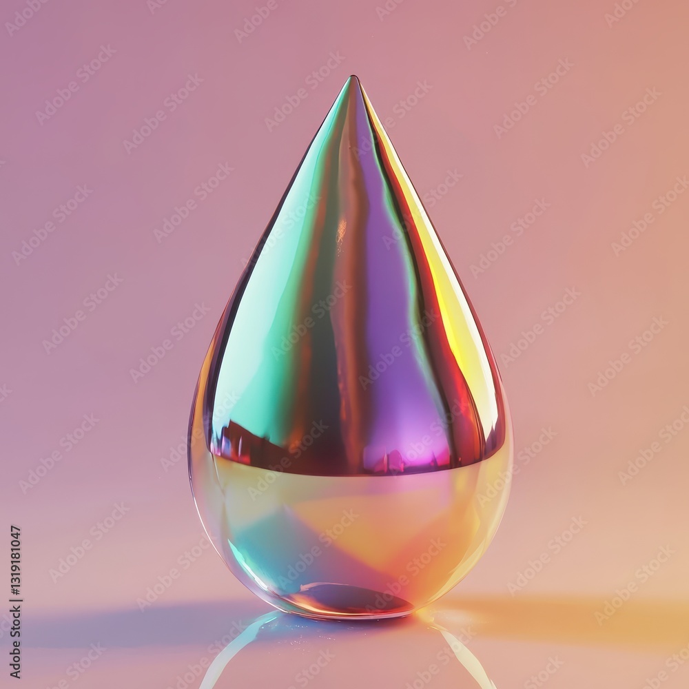 Poster iridescent water droplet with reflection on soft gradient background