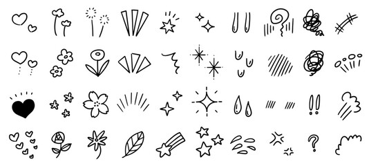 感情を表すエフェクトアイコン。キラキラと輝く星や花の手書きイラスト。