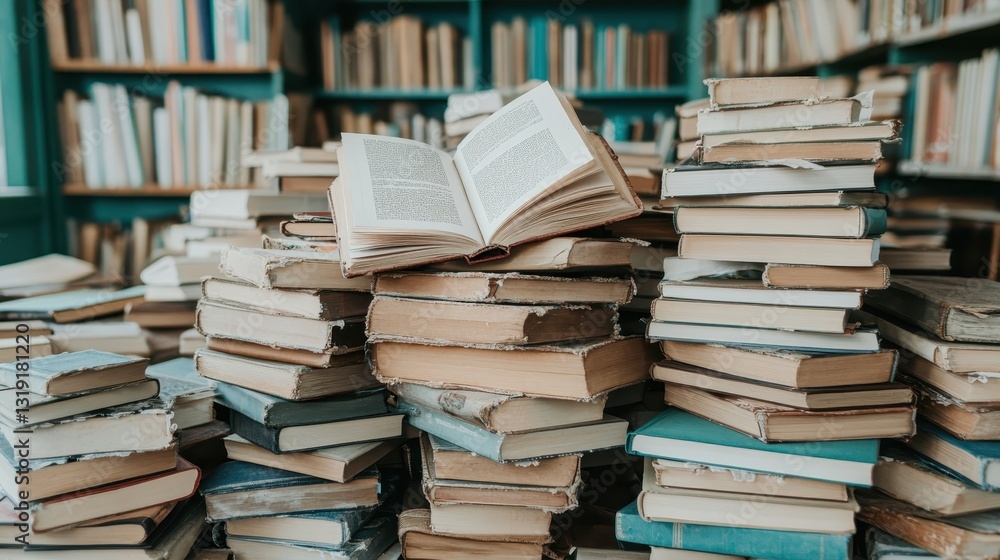 Poster a charming stack of old books with one open book on top, creating a warm and inviting atmosphere, pe