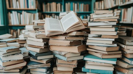 A charming stack of old books with one open book on top, creating a warm and inviting atmosphere, perfect for book lovers and cozy reading spaces.