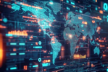 Fototapeta premium Global technology concept with digital world map on screen. AI, big data, internet communication, cybersecurity theme.