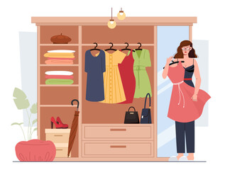 Woman choose clothes. Young girl with dresses on hangers. Fashion and style, trendy. Person choosing fashionable outfit. Woman in wardrobe. Flat vector illustration
