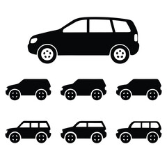 Set of car icons and vehicles including trucks, vans, buses, taxis, and sedans in a variety of silhouettes and designs, representing transportation and travel