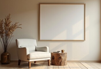 Minimalist Rustic Living: A Modern Interior Scene Featuring a Fabric Lounge Chair, Wood Stump Side Table, and Beige Stucco Wall - Design with Copy Space.

