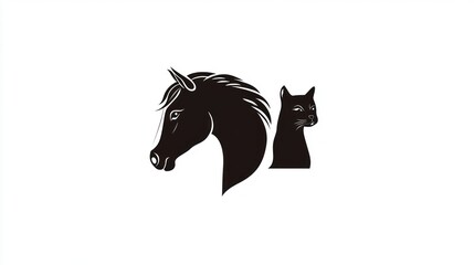Fototapeta premium Silhouette of horse and cat facing opposite directions on white, minimal illustration