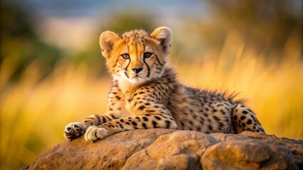 A young cheetah cub rests peacefully atop a sun-warmed rock, basking in the golden light of the savanna at sunset.