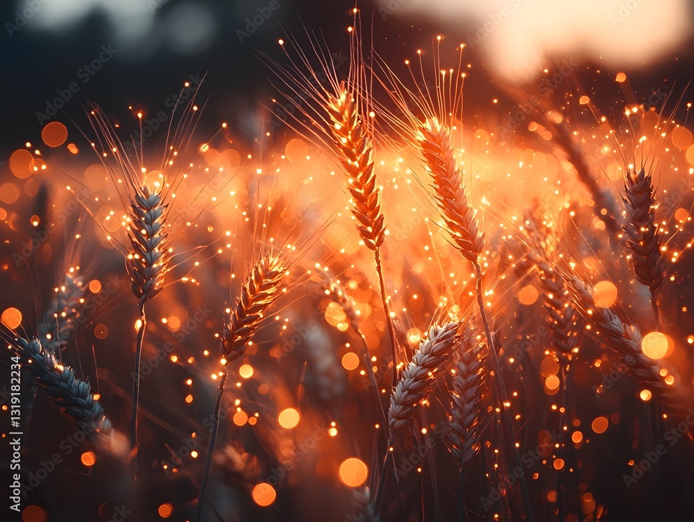 Poster glowing engineered wheat field in post apocalyptic landscape genetic engineering concept with copy s