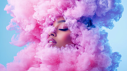 Fototapeta premium Ethereal Beauty: Portrait of a Woman Enveloped in Pastel Smoke - A Conceptual Art Piece for Wall Decoration