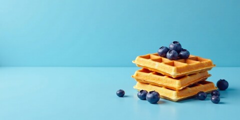 A delightful stack of golden waffles adorned with fresh blueberries, a tempting breakfast treat on a serene blue background