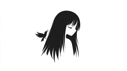 Obraz premium Sad anime girl with birds, profile view, stock photo