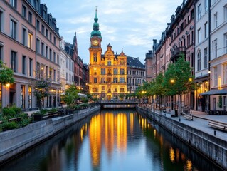 Fototapeta premium Scenic view of historic buildings along a serene canal at dusk with reflections