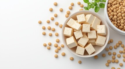 Fresh Tofu Cubes and Soybeans on Bright Background for Cooking