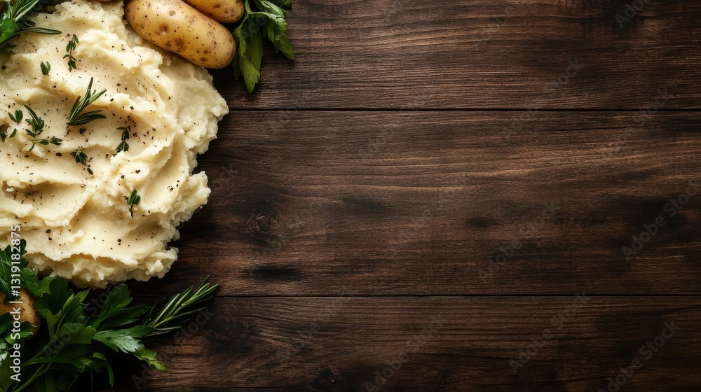 Poster this close-up image captures rustic-style mashed potatoes adorned with herbs and spices, evoking the