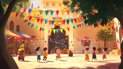 A vibrant outdoor festival scene featuring children joyfully dancing in a decorated courtyard, surrounded by colorful bunting and festive stalls, capturing a lively atmosphere