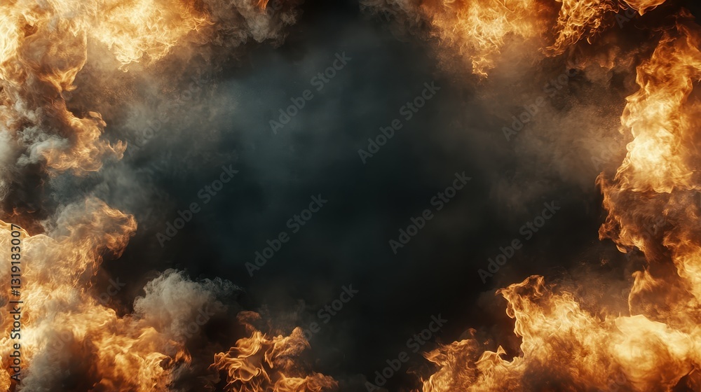 Poster an intense display of flames creating a fiery circle with dark smoke in the center, capturing the ra