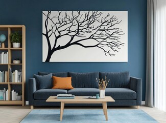 Modern living room interior with minimalist tree art.