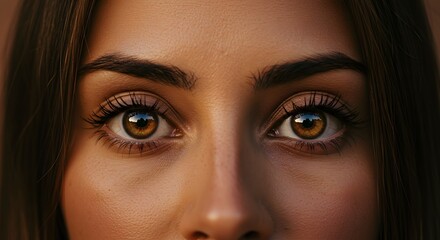 Close-up of a young woman's eyes revealing deep brown hues and intricate details, showcasing her natural beauty in soft lighting during golden hour Generative AI