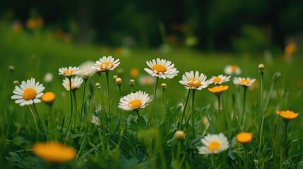 Fototapeta premium A field of yellow daisies in a grassy meadow, with close-up focus on the vibrant flowers against the green backdrop.