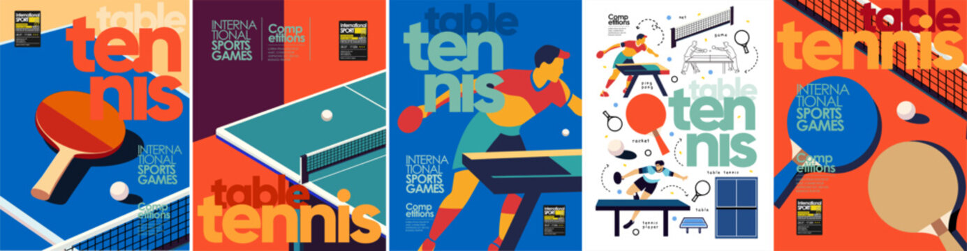 Ping pong and table tennis. Vector illustration for the game. Abstract illustrations of ping pong, with rackets, tables and athletes. Ideal for sports events, competitions, poster, background