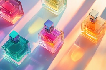 Vibrant Perfume Bottles in Colorful Light Displaying Summer Fragrance Collection