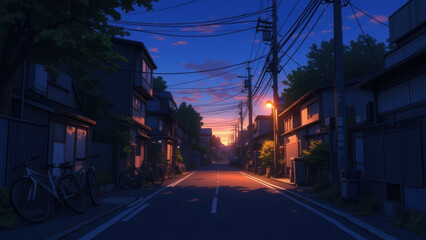 Obraz premium anime wallpaper illustration, Tranquil Suburban Street at Dusk with Warm House Lights and Street Lamps..