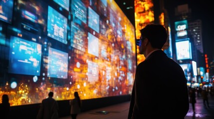 Businessman gazes at large digital display