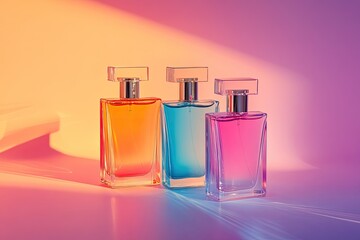 Three Colorful Perfume Bottles in a Vibrant Studio Setting with Warm and Cool Lighting