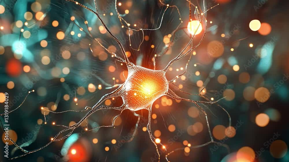 Poster exploring glowing connections of neurons close up view of nervous systems intricate biology and tech