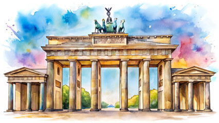 Obraz premium Elegant hand-drawn watercolor illustration of St. Brandenburg Gate landscape painting, artistic landmark artwork, Berlin Germany monument, soft pastel hues, on white background, timeless travel art