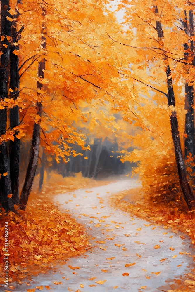 Poster a winding path meanders through an autumn forest where golden leaves carpet the ground, illuminated 