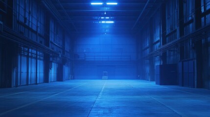 a dark blue warehouse with a fire hydrant in the middle