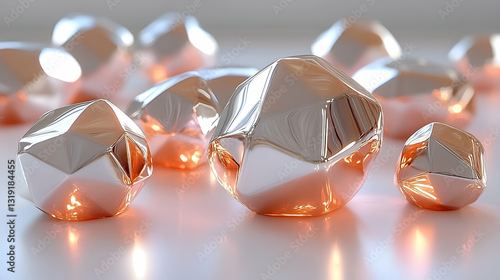 Poster glowing, faceted metallic gems scattered on a reflective surface. illuminated from below, creating w