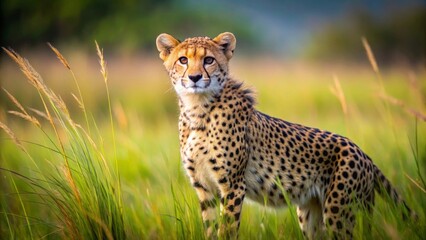 A Graceful Cheetah Stands in Tall Grass, Basking in the Warm Golden Light of the Setting Sun