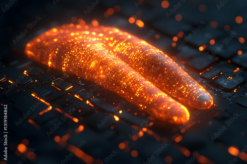 Poster glowing, fiery digital fingerprints rest on a dark, futuristic keyboard. intricate detail and vibran