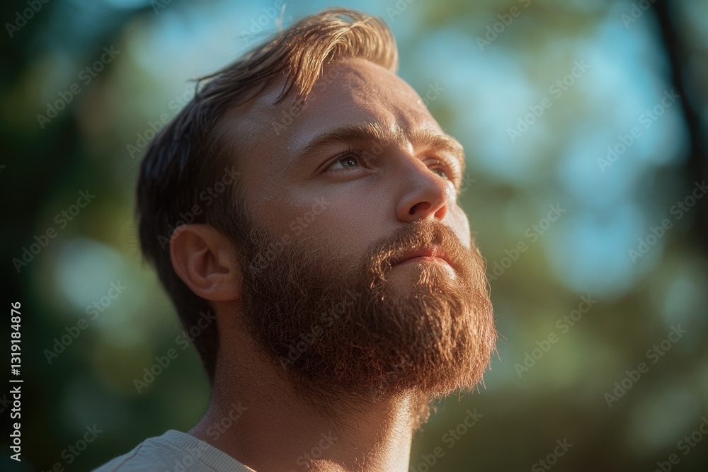 Poster a man with a beard and a beard is looking up at the sky. the man has a serious expression on his fac