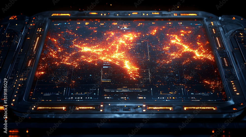 Poster glowing, fiery map displayed on a futuristic, technological interface. intricate details and dark me