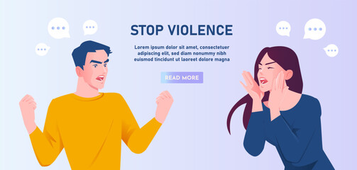 Violence in family banner. Man scream at woman. Negative feelings and emotions. Stop gender and sex discrimination, domestic abuse. Landing page design. Flat vector illustration