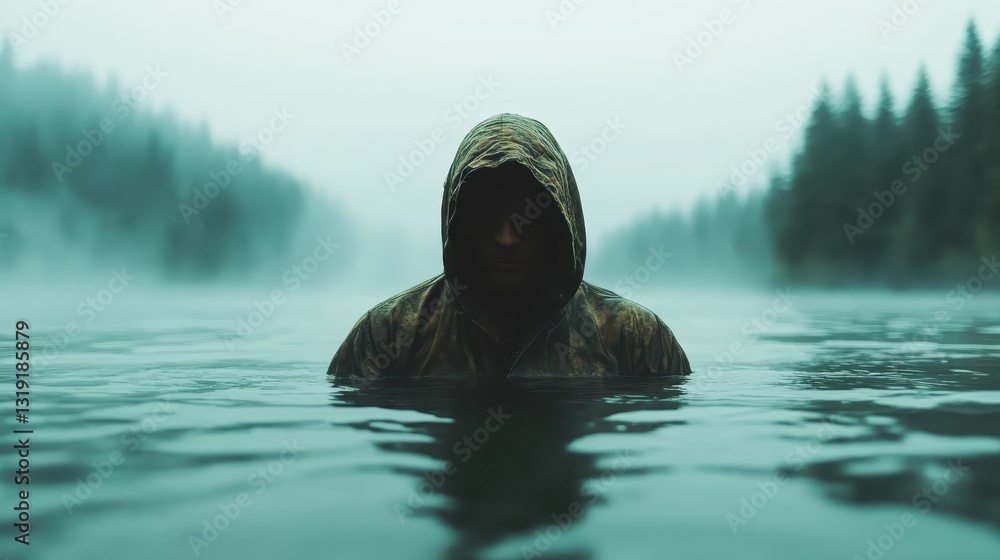 Poster a shrouded figure emerges from foggy waters, creating an enigmatic and haunting scene that reflects 