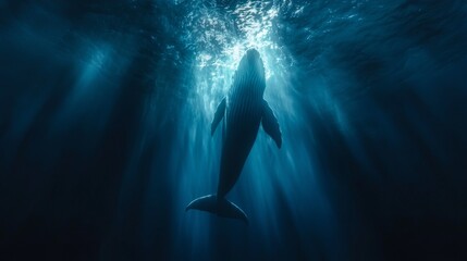 Fototapeta premium Solitary Blue Whale Swimming in the Depths of the Ocean