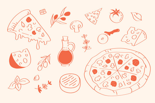 Hand drawn elements on pizza theme slices, cheese, mushrooms, olive oil and herbs. Doodle style illustration