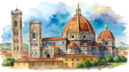 Obraz premium Elegant hand-drawn watercolor illustration of Florence Cathedral landscape painting, featuring intricate architectural details and soft artistic hues, isolated on a white background.