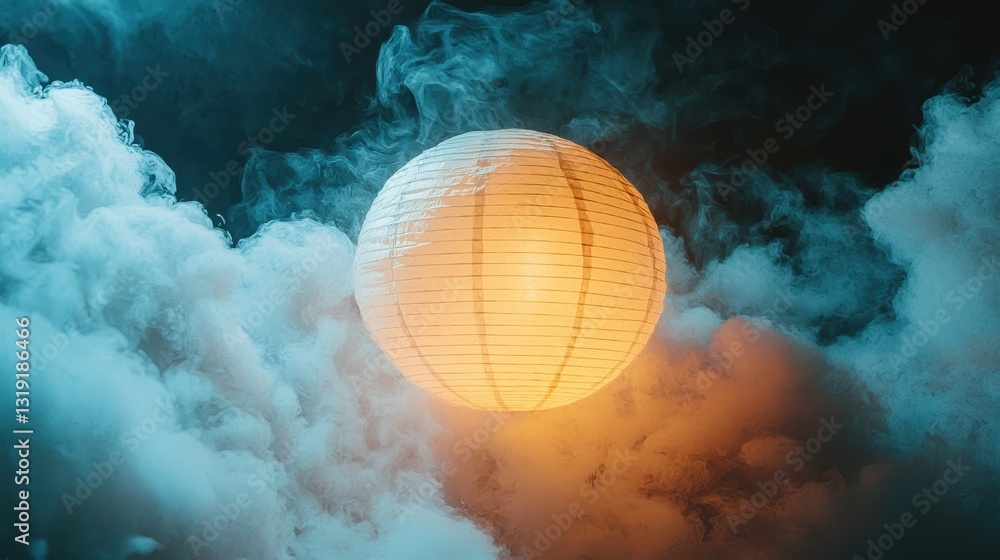 Poster illuminated lantern floating above a cloudy mystical background