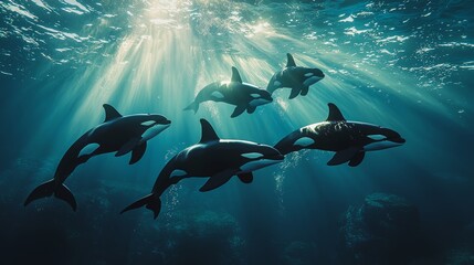 Obraz premium Orcas Swimming Gracefully Underwater in the Ocean