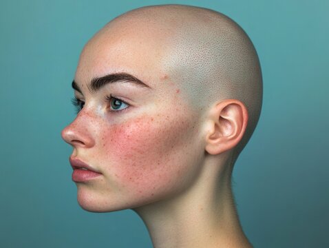 A young woman showcasing a close-up portrait with her head completely shaven.