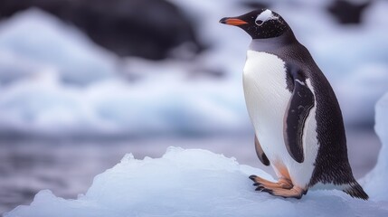 Naklejka premium Penguin standing on iceberg. Antarctica tourism, nature and wildlife.