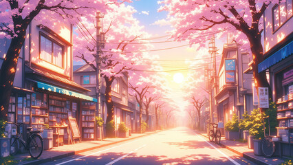 Fototapeta premium Anime wallpaper illustration background, Idyllic Japanese Street with Cherry Blossoms in Full Bloom at Sunset.
