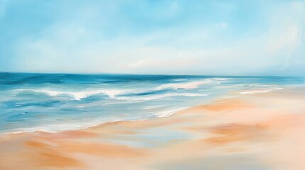 Obraz premium Peaceful beach scene, ocean waves, soft colors, digital painting, calming image