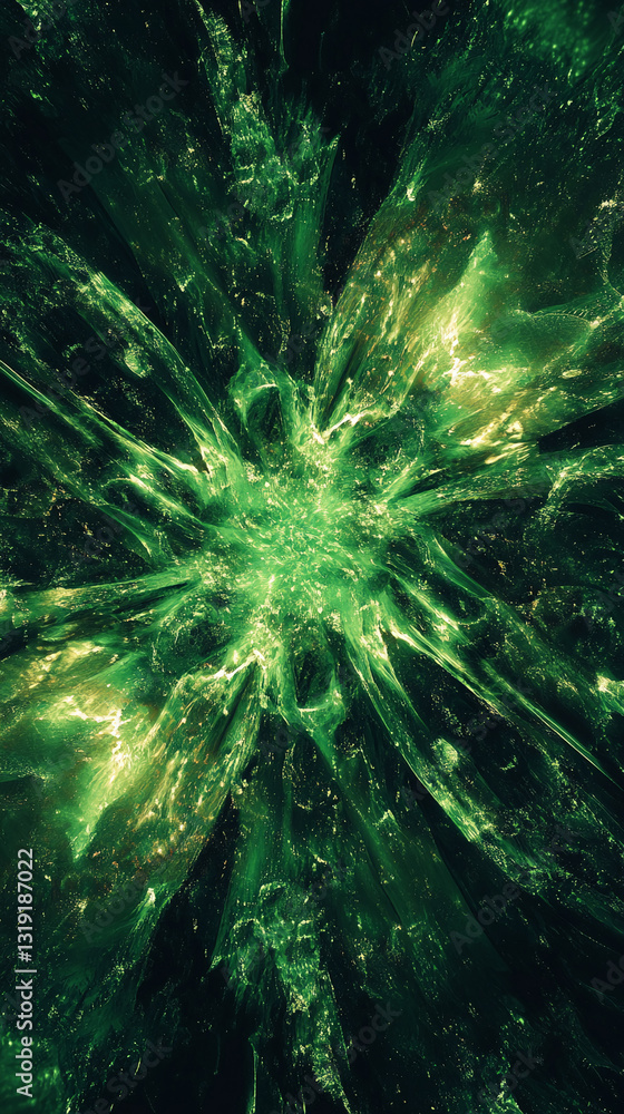 Poster Abstract green texture with light accents, radiating outwards from a central point, creating a dynamic and energetic visual effect, ideal for backgrounds or artistic designs